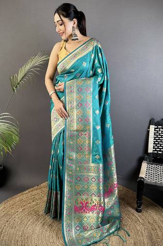 turquoise blue soft silk blend geomatric zari woven patola saree