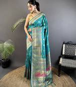 turquoise blue soft silk blend geomatric zari woven patola saree