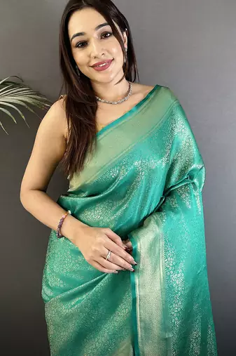 teal satin silk blend floral motifs & ethnic silver zari design kanchipuram saree