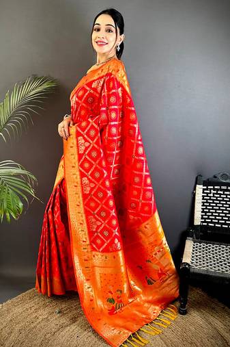 red soft silk blend zari butti motifs patola saree