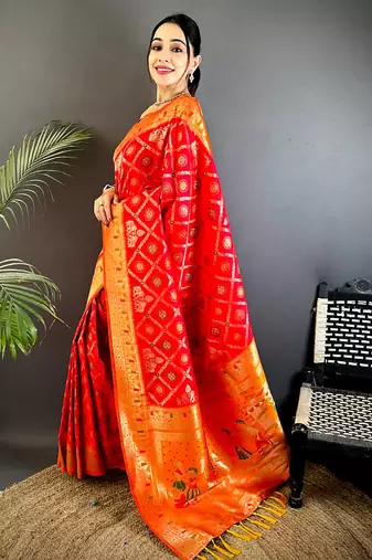 red soft silk blend zari butti motifs patola saree