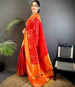 red soft silk blend zari butti motifs patola saree
