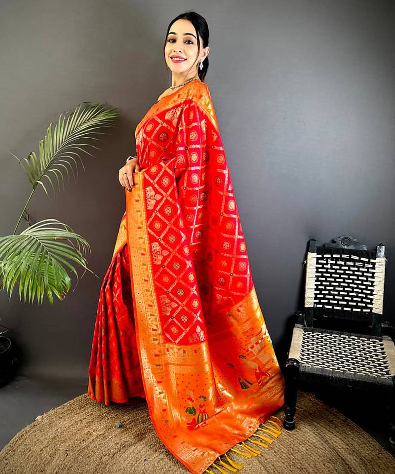 red soft silk blend zari butti motifs patola saree