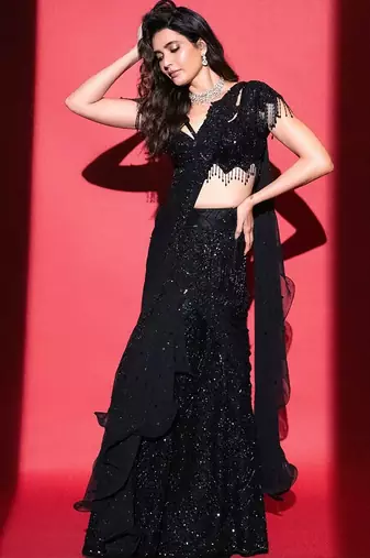 Black embroidered net saree
