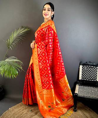 red soft silk blend zari butti motifs patola saree 2