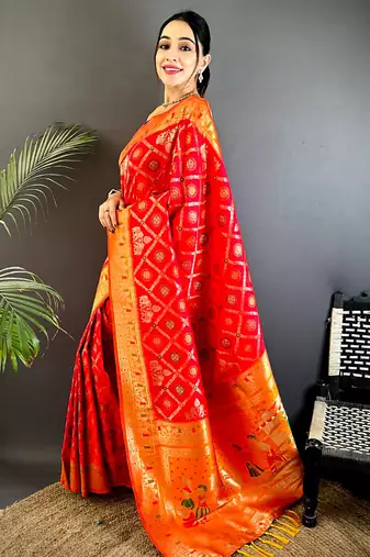 red soft silk blend zari butti motifs patola saree