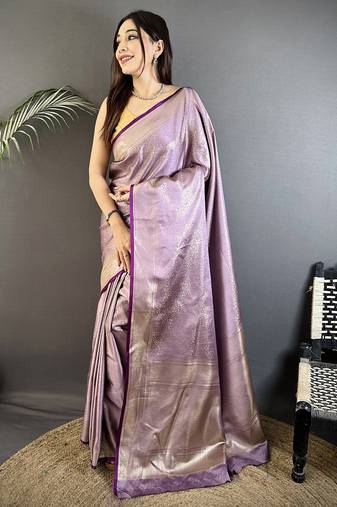 lavender satin silk blend floral motifs & ethnic silver zari design kanchipuram saree