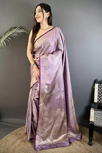 lavender satin silk blend floral motifs & ethnic silver zari design kanchipuram saree