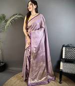 lavender satin silk blend floral motifs & ethnic silver zari design kanchipuram saree