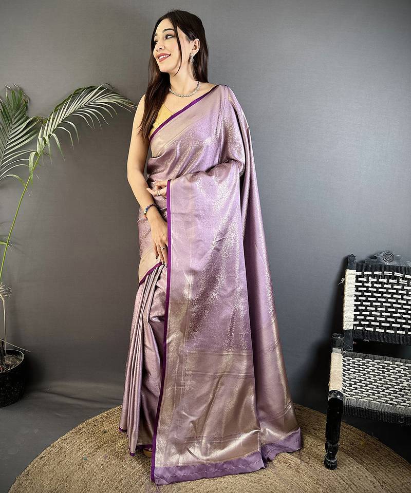 lavender satin silk blend floral motifs & ethnic silver zari design kanchipuram saree