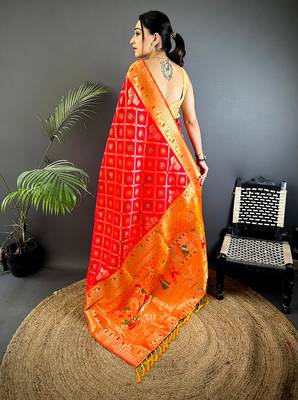 red soft silk blend zari butti motifs patola saree 3