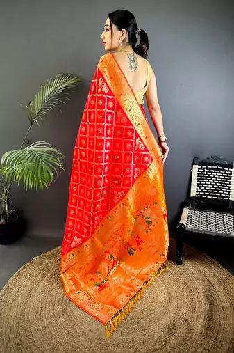 red soft silk blend zari butti motifs patola saree