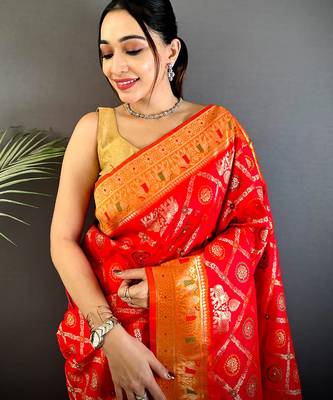 red soft silk blend zari butti motifs patola saree 4
