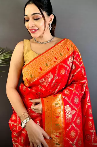 red soft silk blend zari butti motifs patola saree