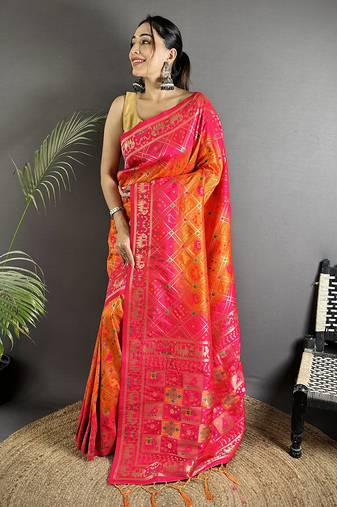 orange & pink soft silk blend geomatric zari woven patola saree