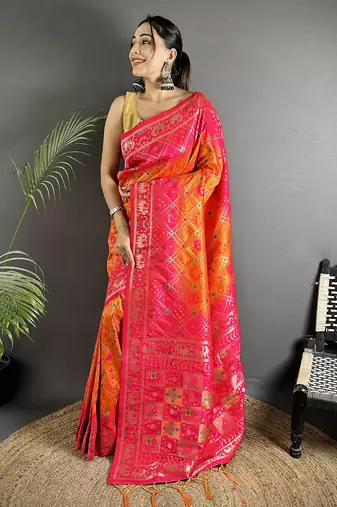 orange & pink soft silk blend geomatric zari woven patola saree
