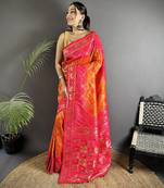 orange & pink soft silk blend geomatric zari woven patola saree