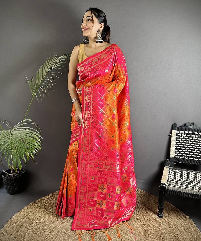 orange & pink soft silk blend geomatric zari woven patola saree
