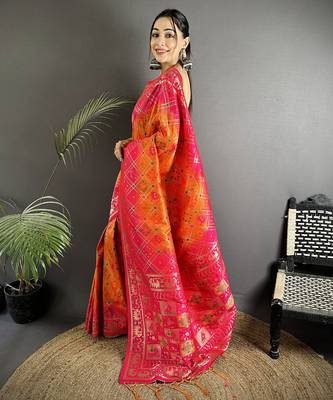 orange & pink soft silk blend geomatric zari woven patola saree 2