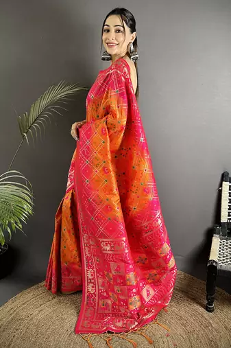 orange & pink soft silk blend geomatric zari woven patola saree