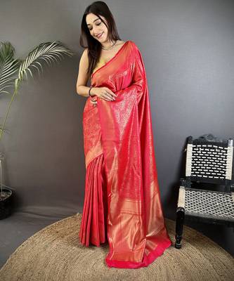 ruby pink satin silk blend floral motifs & ethnic silver zari design kanchipuram saree 1