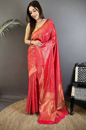 ruby pink satin silk blend floral motifs & ethnic silver zari design kanchipuram saree