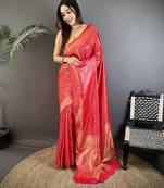 ruby pink satin silk blend floral motifs & ethnic silver zari design kanchipuram saree