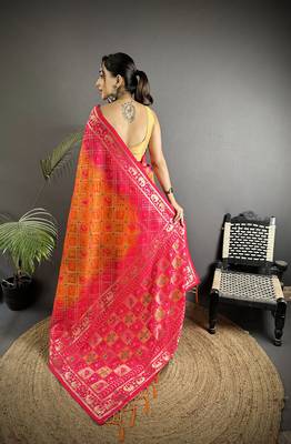 orange & pink soft silk blend geomatric zari woven patola saree 3