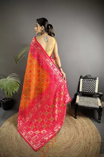 orange & pink soft silk blend geomatric zari woven patola saree