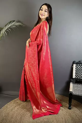 ruby pink satin silk blend floral motifs & ethnic silver zari design kanchipuram saree