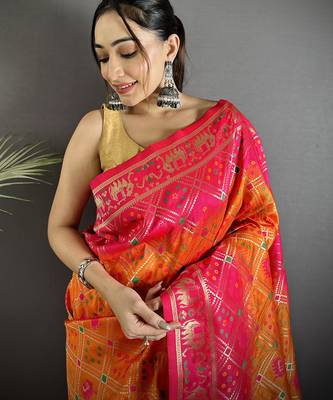 orange & pink soft silk blend geomatric zari woven patola saree 4