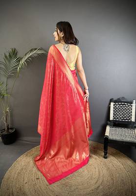 ruby pink satin silk blend floral motifs & ethnic silver zari design kanchipuram saree 3