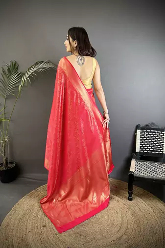 ruby pink satin silk blend floral motifs & ethnic silver zari design kanchipuram saree
