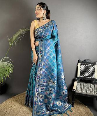 blue soft silk blend geomatric zari woven patola saree 1