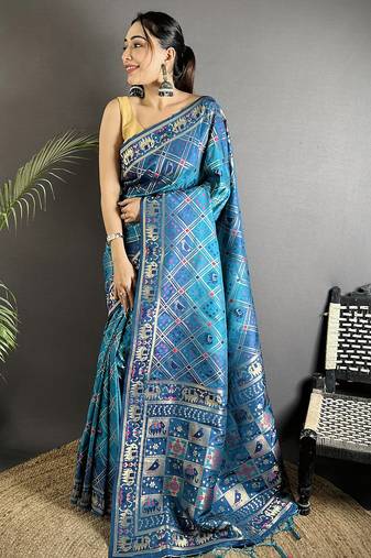 blue soft silk blend geomatric zari woven patola saree