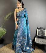 blue soft silk blend geomatric zari woven patola saree