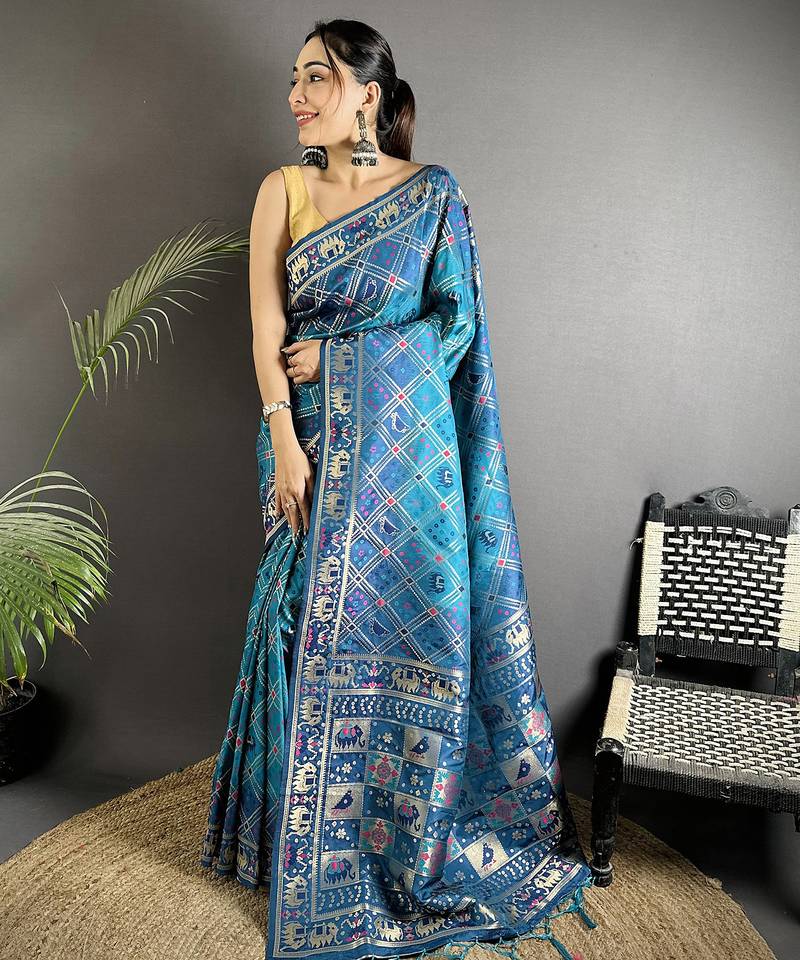 blue soft silk blend geomatric zari woven patola saree