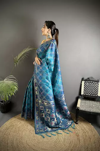 blue soft silk blend geomatric zari woven patola saree