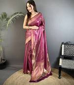 purple satin silk blend floral motifs & ethnic silver zari design kanchipuram saree