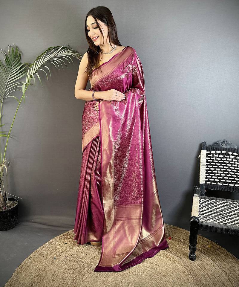 purple satin silk blend floral motifs & ethnic silver zari design kanchipuram saree