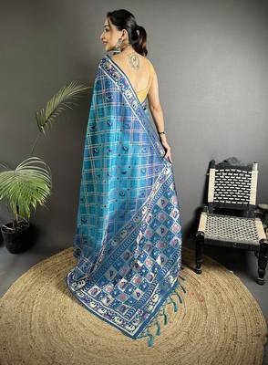 blue soft silk blend geomatric zari woven patola saree 3