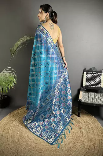 blue soft silk blend geomatric zari woven patola saree