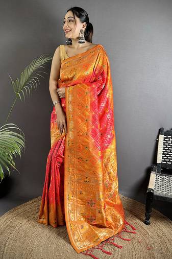 pastel orange soft silk blend geomatric zari woven patola saree