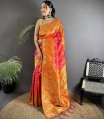 pastel orange soft silk blend geomatric zari woven patola saree