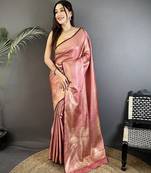 dusty pink satin silk blend floral motifs & ethnic silver zari design kanchipuram saree