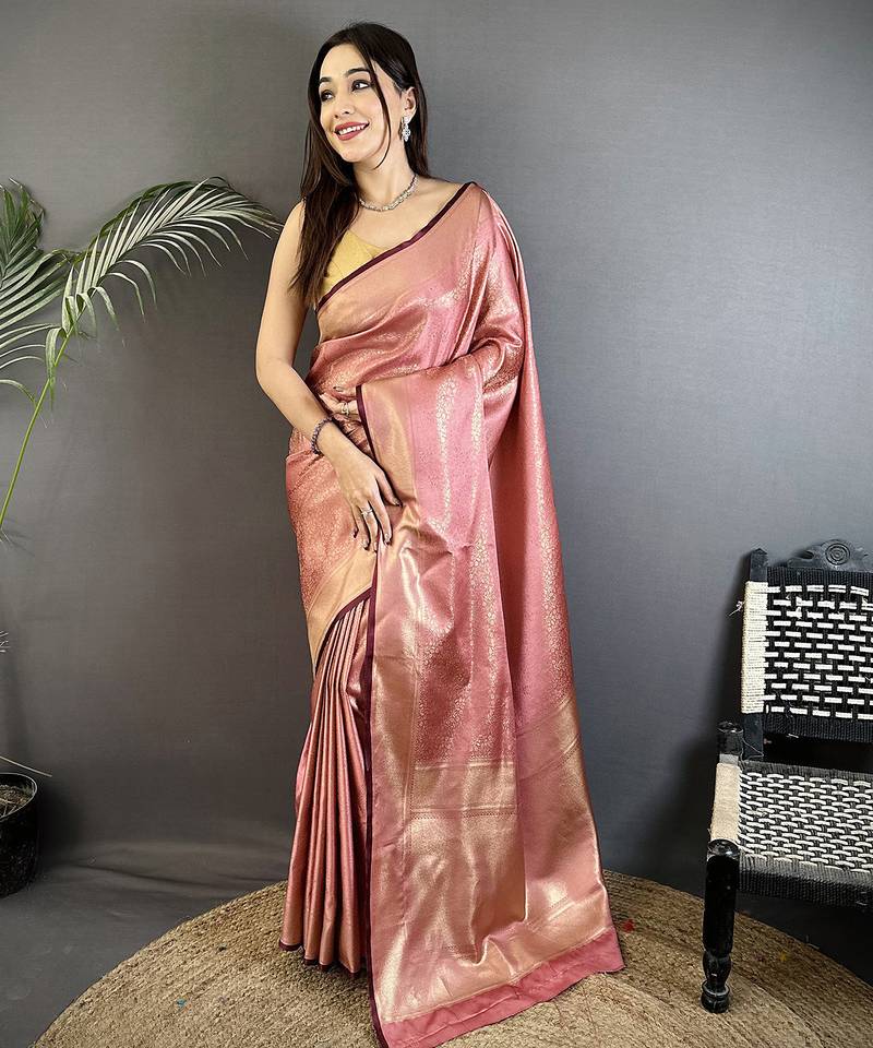 dusty pink satin silk blend floral motifs & ethnic silver zari design kanchipuram saree