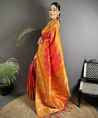 pastel orange soft silk blend geomatric zari woven patola saree 2