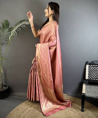 dusty pink satin silk blend floral motifs & ethnic silver zari design kanchipuram saree 2
