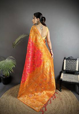pastel orange soft silk blend geomatric zari woven patola saree 3