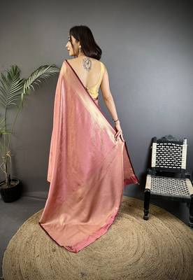 dusty pink satin silk blend floral motifs & ethnic silver zari design kanchipuram saree 3